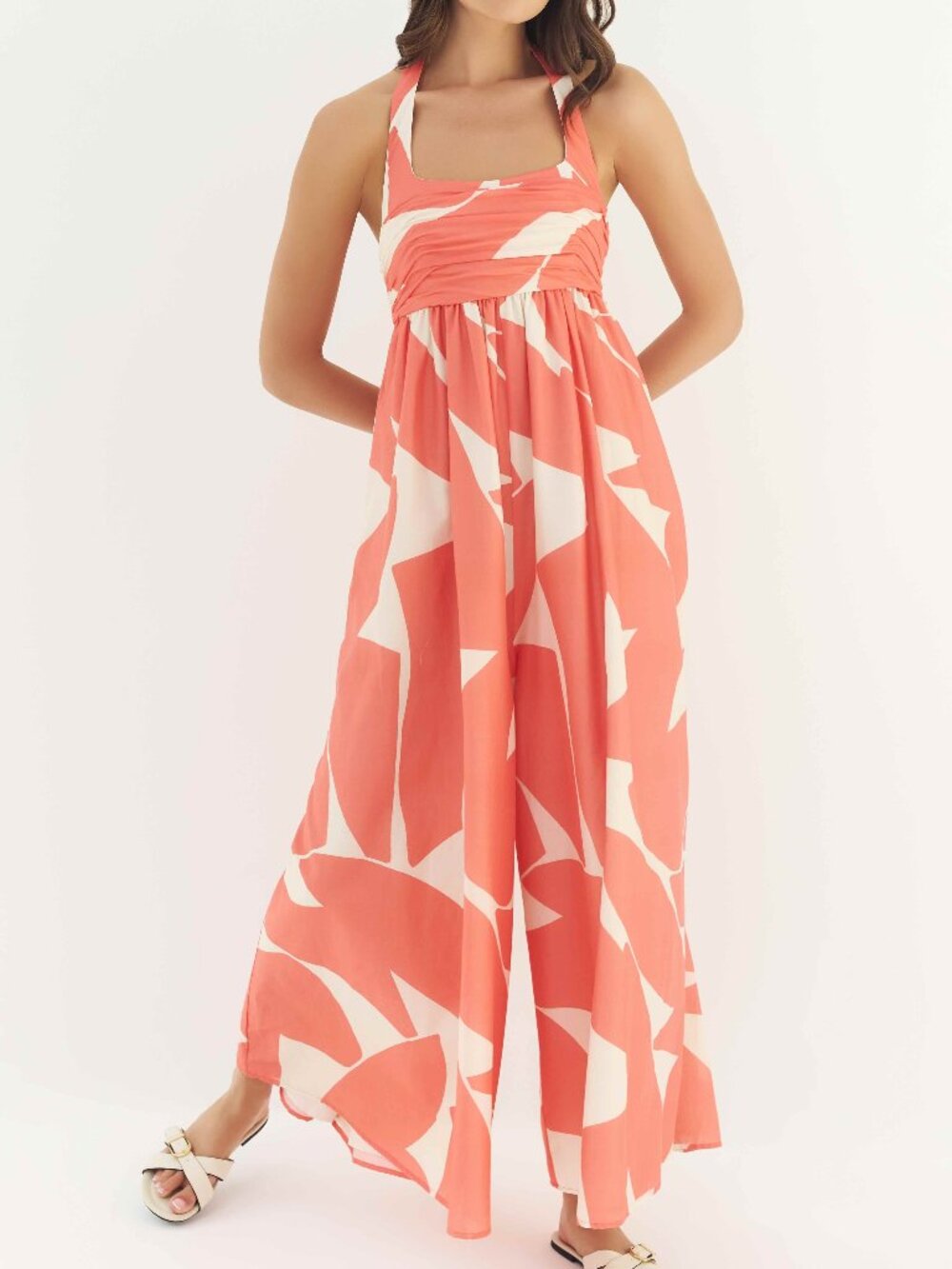 Hutch Nara Halter Wide Leg Jumpsuit Maxi Dress Coral Block Geo Print NWT Small